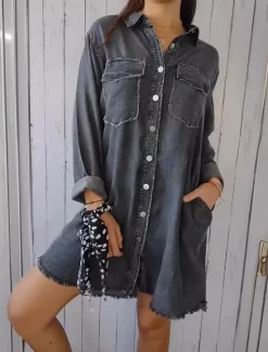 Outlet Women's Denim Jacket Outdoor Street Daily Wear Fall Winter Long Coat Regular Fit Thermal Warm Breathable Stylish Casual Jacket Long Sleeve Solid Color with Pockets Light Blue Navy Blue Dark Gray Women Jackets