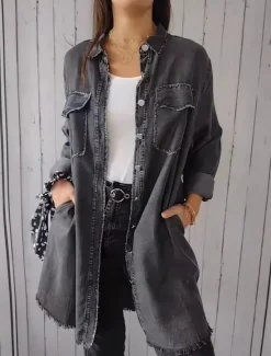 Outlet Women's Denim Jacket Outdoor Street Daily Wear Fall Winter Long Coat Regular Fit Thermal Warm Breathable Stylish Casual Jacket Long Sleeve Solid Color with Pockets Light Blue Navy Blue Dark Gray Women Jackets