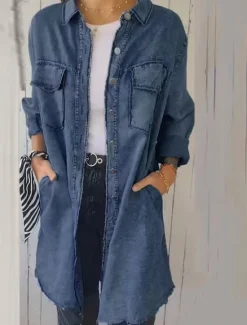Outlet Women's Denim Jacket Outdoor Street Daily Wear Fall Winter Long Coat Regular Fit Thermal Warm Breathable Stylish Casual Jacket Long Sleeve Solid Color with Pockets Light Blue Navy Blue Dark Gray Women Jackets