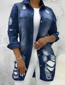 Discount Women's Denim Jacket Outdoor Street Daily Wear Fall Winter Regular Coat Regular Fit Thermal Warm Breathable Stylish Casual Jacket Long Sleeve Solid Color with Pockets Light Blue Black Navy Blue Women Jackets