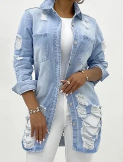 Discount Women's Denim Jacket Outdoor Street Daily Wear Fall Winter Regular Coat Regular Fit Thermal Warm Breathable Stylish Casual Jacket Long Sleeve Solid Color with Pockets Light Blue Black Navy Blue Women Jackets