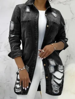 Discount Women's Denim Jacket Outdoor Street Daily Wear Fall Winter Regular Coat Regular Fit Thermal Warm Breathable Stylish Casual Jacket Long Sleeve Solid Color with Pockets Light Blue Black Navy Blue Women Jackets