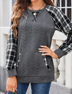 Discount Women's Designer Sweatshirt Pullover Casual Plaid Color Block Plain Casual Hoodie Patchwork Pocket Long Sleeve Fall Winter Women Hoodies & Sweatshirts