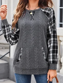 Discount Women's Designer Sweatshirt Pullover Casual Plaid Color Block Plain Casual Hoodie Patchwork Pocket Long Sleeve Fall Winter Women Hoodies & Sweatshirts
