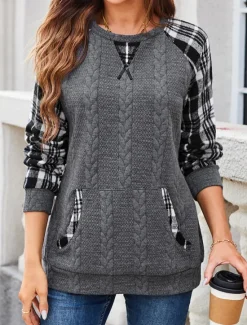 Discount Women's Designer Sweatshirt Pullover Casual Plaid Color Block Plain Casual Hoodie Patchwork Pocket Long Sleeve Fall Winter Women Hoodies & Sweatshirts