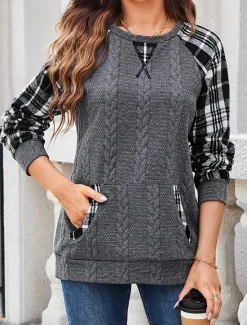 Discount Women's Designer Sweatshirt Pullover Casual Plaid Color Block Plain Casual Hoodie Patchwork Pocket Long Sleeve Fall Winter Women Hoodies & Sweatshirts