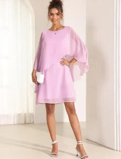 Online Women's Dress Batwing Sleeve Chic Pastel Pink Round Neck Relaxed Fit Lightweight Casual Summer Fashion Above Knee Length Women Chiffon Dresses|Cocktail Dress