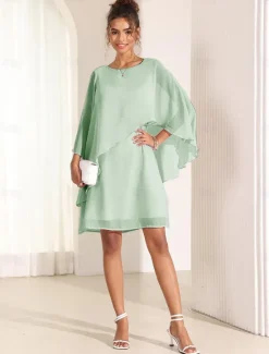 Online Women's Dress Batwing Sleeve Chic Pastel Pink Round Neck Relaxed Fit Lightweight Casual Summer Fashion Above Knee Length Women Chiffon Dresses|Cocktail Dress