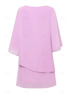 Online Women's Dress Batwing Sleeve Chic Pastel Pink Round Neck Relaxed Fit Lightweight Casual Summer Fashion Above Knee Length Women Chiffon Dresses|Cocktail Dress