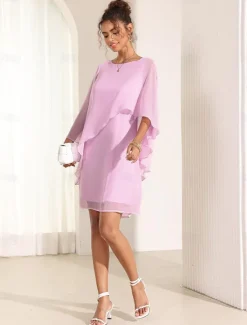 Online Women's Dress Batwing Sleeve Chic Pastel Pink Round Neck Relaxed Fit Lightweight Casual Summer Fashion Above Knee Length Women Chiffon Dresses|Cocktail Dress