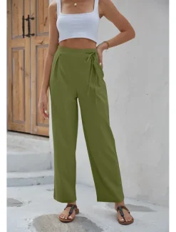 Online Women's Dress Pants Fashion Long Plain Wide Leg Breathability Comfortable Micro-elastic Casual Daily Black Army Green Blue Khaki Spring & Summer Regular Fit Women Pants