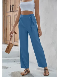 Online Women's Dress Pants Fashion Long Plain Wide Leg Breathability Comfortable Micro-elastic Casual Daily Black Army Green Blue Khaki Spring & Summer Regular Fit Women Pants