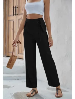 Online Women's Dress Pants Fashion Long Plain Wide Leg Breathability Comfortable Micro-elastic Casual Daily Black Army Green Blue Khaki Spring & Summer Regular Fit Women Pants