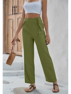 Online Women's Dress Pants Fashion Long Plain Wide Leg Breathability Comfortable Micro-elastic Casual Daily Black Army Green Blue Khaki Spring & Summer Regular Fit Women Pants