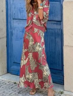 New Women's Dress Set Casual Dress Skirt Set Casual Leopard Print Maxi Dress 3/4 Length Sleeve V Neck Outdoor Daily Summer Spring Regular Fit Women Two Piece Sets
