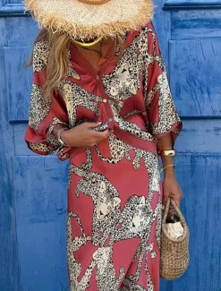 New Women's Dress Set Casual Dress Skirt Set Casual Leopard Print Maxi Dress 3/4 Length Sleeve V Neck Outdoor Daily Summer Spring Regular Fit Women Two Piece Sets