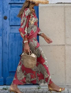 New Women's Dress Set Casual Dress Skirt Set Casual Leopard Print Maxi Dress 3/4 Length Sleeve V Neck Outdoor Daily Summer Spring Regular Fit Women Two Piece Sets