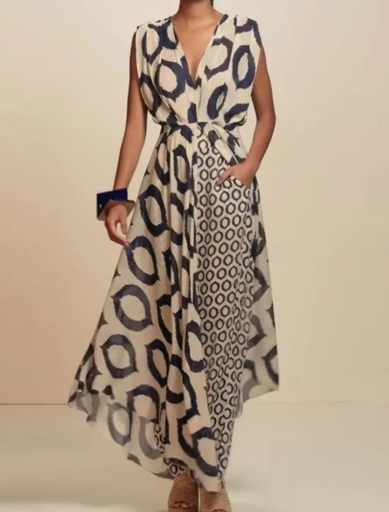 Clearance Women's Dress Set Casual Dress Skirt Set Casual Geometric Ruched Pocket Maxi Dress Sleeveless Stand Collar Outdoor Daily Summer Spring Regular Fit Women Two Piece Sets