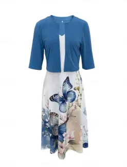 Best Women's Dress Set Casual Dress Swing Dress Print Dress Fashion Modern Floral Print Midi Dress Half Sleeve V Neck Outdoor Date White Royal Blue Blue Summer Regular Fit Women Spring Dresses