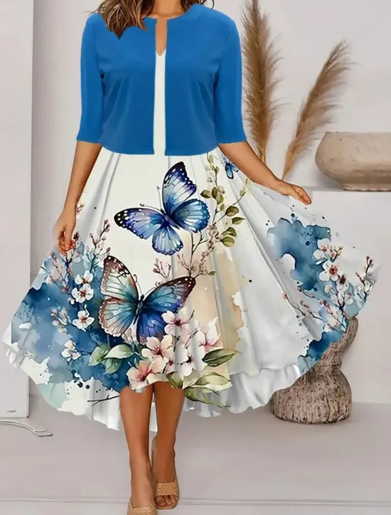 Best Women's Dress Set Casual Dress Swing Dress Print Dress Fashion Modern Floral Print Midi Dress Half Sleeve V Neck Outdoor Date White Royal Blue Blue Summer Regular Fit Women Spring Dresses