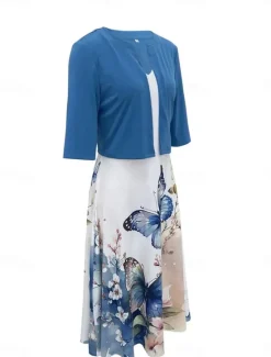 Best Women's Dress Set Casual Dress Swing Dress Print Dress Fashion Modern Floral Print Midi Dress Half Sleeve V Neck Outdoor Date White Royal Blue Blue Summer Regular Fit Women Spring Dresses