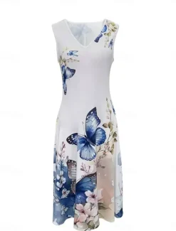 Best Women's Dress Set Casual Dress Swing Dress Print Dress Fashion Modern Floral Print Midi Dress Half Sleeve V Neck Outdoor Date White Royal Blue Blue Summer Regular Fit Women Spring Dresses