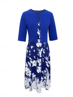 Best Women's Dress Set Casual Dress Swing Dress Print Dress Fashion Modern Floral Print Midi Dress Half Sleeve V Neck Outdoor Date White Royal Blue Blue Summer Regular Fit Women Spring Dresses