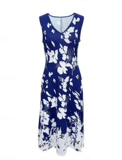 Best Women's Dress Set Casual Dress Swing Dress Print Dress Fashion Modern Floral Print Midi Dress Half Sleeve V Neck Outdoor Date White Royal Blue Blue Summer Regular Fit Women Spring Dresses