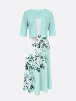 Best Women's Dress Set Casual Dress Swing Dress Print Dress Fashion Modern Floral Print Midi Dress Half Sleeve V Neck Outdoor Date White Royal Blue Blue Summer Regular Fit Women Spring Dresses