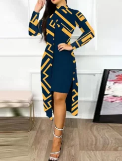 Online Women's Dress Set Casual Dress Casual Leopard Color Block Print Midi Dress Long Sleeve Stand Collar Outdoor Daily Yellow Red Navy Blue Summer Spring Regular Fit Women Two Piece Sets
