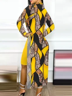 Online Women's Dress Set Casual Dress Casual Leopard Color Block Print Midi Dress Long Sleeve Stand Collar Outdoor Daily Yellow Red Navy Blue Summer Spring Regular Fit Women Two Piece Sets