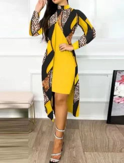 Online Women's Dress Set Casual Dress Casual Leopard Color Block Print Midi Dress Long Sleeve Stand Collar Outdoor Daily Yellow Red Navy Blue Summer Spring Regular Fit Women Two Piece Sets