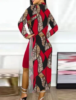 Online Women's Dress Set Casual Dress Casual Leopard Color Block Print Midi Dress Long Sleeve Stand Collar Outdoor Daily Yellow Red Navy Blue Summer Spring Regular Fit Women Two Piece Sets