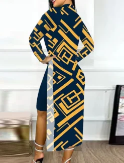 Online Women's Dress Set Casual Dress Casual Leopard Color Block Print Midi Dress Long Sleeve Stand Collar Outdoor Daily Yellow Red Navy Blue Summer Spring Regular Fit Women Two Piece Sets