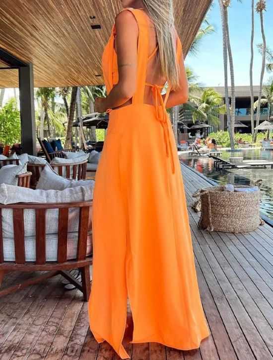 Online Women's Dress Set Casual Dress Skirt Set Swing Dress Fashion Modern Floral Plain Backless Split Long Dress Maxi Dress Sleeveless V Neck Outdoor Vacation Yellow Red Orange Summer Loose Fit Women Two Piece Sets