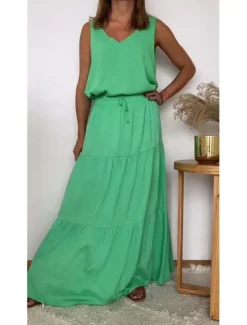 Best Women's Dress Set Casual Dress Skirt Set Casual Plain Ruffle Maxi Dress Long Sleeve V Neck Outdoor Daily Yellow Light Green Pink Summer Spring Regular Fit Women Two Piece Sets