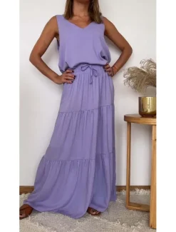 Best Women's Dress Set Casual Dress Skirt Set Casual Plain Ruffle Maxi Dress Long Sleeve V Neck Outdoor Daily Yellow Light Green Pink Summer Spring Regular Fit Women Two Piece Sets