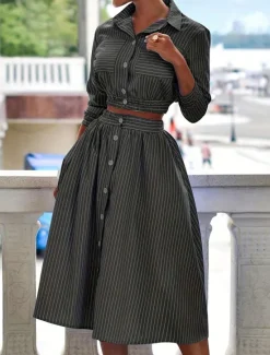 Women's Dress Set Shirt Dress Classic Modern Stripe Buttons Long Dress Maxi Dress 3/4 Length Sleeve Shirt Collar Office Daily Black Blue Green Summer Regular Fit Women Work Dresses