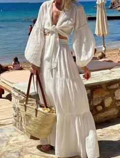 Women's Dress Set Dress Swing Dress Boho Plain Lace up Ruffle Long Dress Maxi Dress Long Sleeve V Neck Vacation Beach Summer Spring Regular Fit Women Vacation Dresses