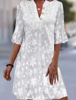 Best Women's Dress V-Neck Floral Lace Overlay Flared Half Sleeve Elegant Summer Spring Casual Party Lightweight Breathable Tailored Fit Feminine Clothing Apparel Women White Dresses