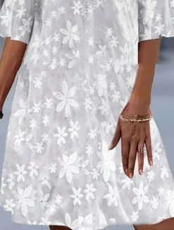 Best Women's Dress V-Neck Floral Lace Overlay Flared Half Sleeve Elegant Summer Spring Casual Party Lightweight Breathable Tailored Fit Feminine Clothing Apparel Women White Dresses