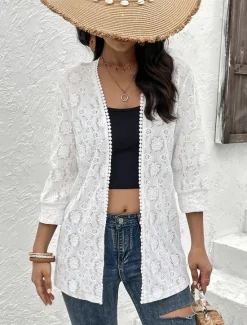 Discount Women's Dressy Dusters Dressy Jackets Coat Outdoor Street Daily Spring Fall Regular Coat V Neck Regular Fit Windproof Breathable Stylish Contemporary Casual Jacket Long Sleeve Plain Lace Trims Women Cardigans & Outerwears