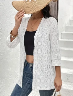 Discount Women's Dressy Dusters Dressy Jackets Coat Outdoor Street Daily Spring Fall Regular Coat V Neck Regular Fit Windproof Breathable Stylish Contemporary Casual Jacket Long Sleeve Plain Lace Trims Women Cardigans & Outerwears