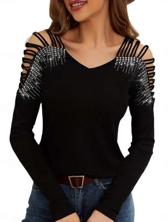 Sale Women's Dressy Tops Elegant Long Sleeve V Neck Regular Tops Black White Summer Spring Women Shirts