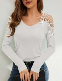 Sale Women's Dressy Tops Elegant Long Sleeve V Neck Regular Tops Black White Summer Spring Women Shirts