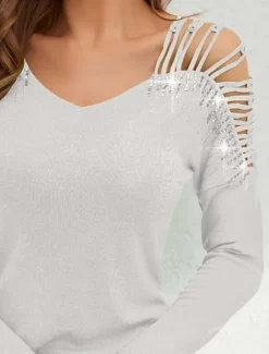 Sale Women's Dressy Tops Elegant Long Sleeve V Neck Regular Tops Black White Summer Spring Women Shirts