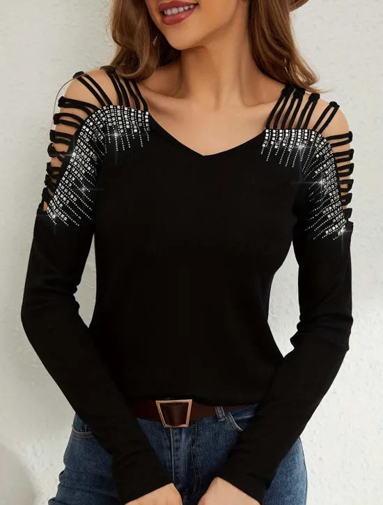 Sale Women's Dressy Tops Elegant Long Sleeve V Neck Regular Tops Black White Summer Spring Women Shirts