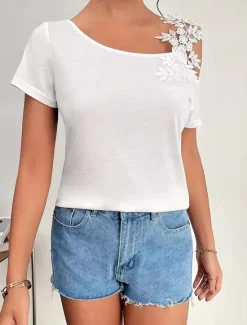 Best Women's Dressy Tops Ladies Short Sleeve Asymmetrical Regular Tops White Camel Summer Spring Women Lace Tops