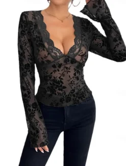 Best Women's Dressy Tops Sexy Long Sleeve V Neck Regular Tops Lace Summer Spring Women Lace Tops