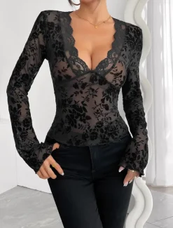 Best Women's Dressy Tops Sexy Long Sleeve V Neck Regular Tops Lace Summer Spring Women Lace Tops